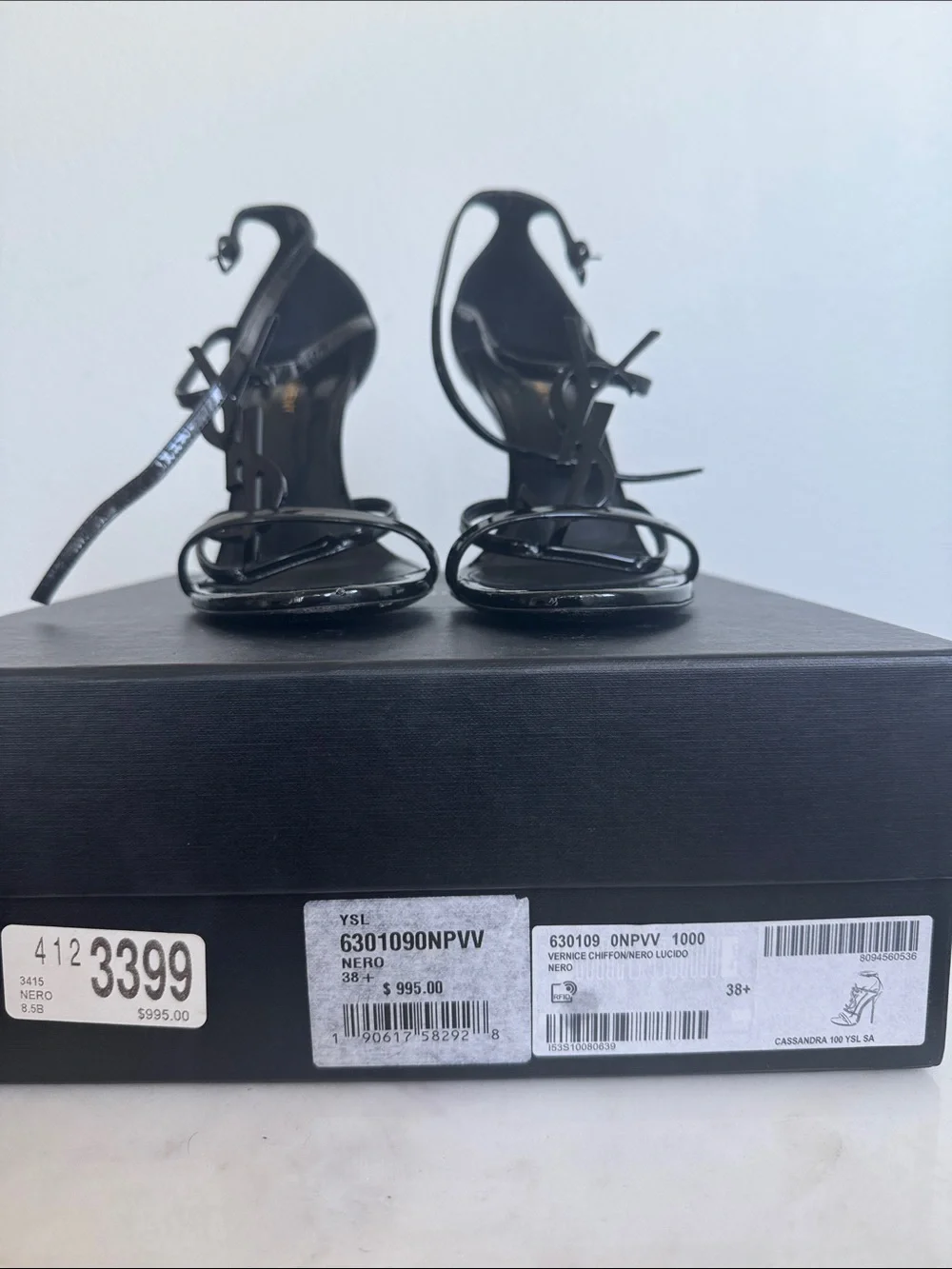 Saint Laurent Black Patent Leather Logo Strap High-Heel Sandals - Picture 8 of 9